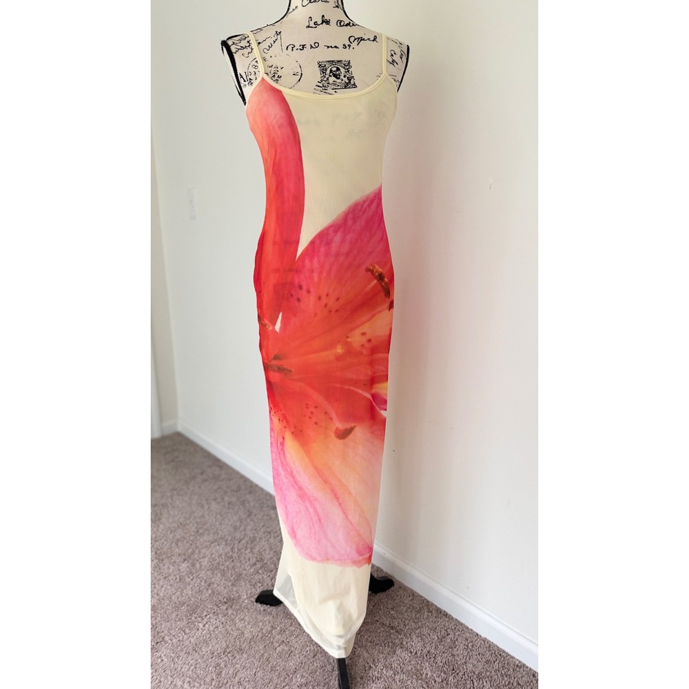 Peppermayo Pink Lily Floral Mesh Maxi Dress Cream Bodycon NWT Size US 6 Summery - Picture 9 of 16